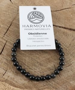Bracelet Obsidienne Noire Dorée perles 6mm, 1 part